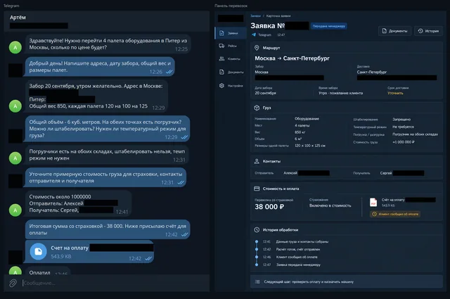 Скриншот переписки о перевозке в Telegram и макет заявки в панели менеджера